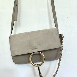 CHLOE suede calfskin Small Faye Shoulder Bag Motty Grey